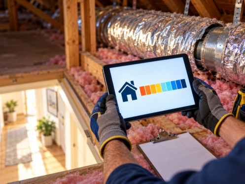 Energy assessor's hands holding a tablet with an efficiency rating above attic insulation and ductwork in a Los Angeles home